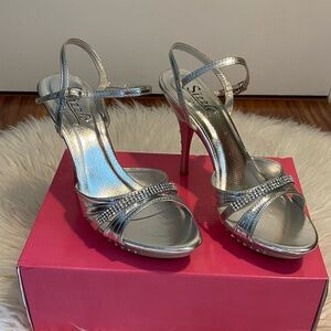 Silver High Heel Sandals with Rhinestone Accent - Women Size 9.5
